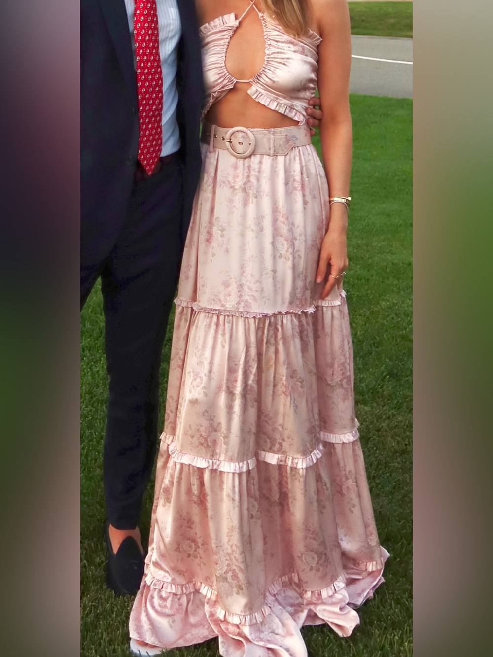 V. Chapman Blush Floral Tiered Maxi Dress with Belt - Picture 3 of 3
